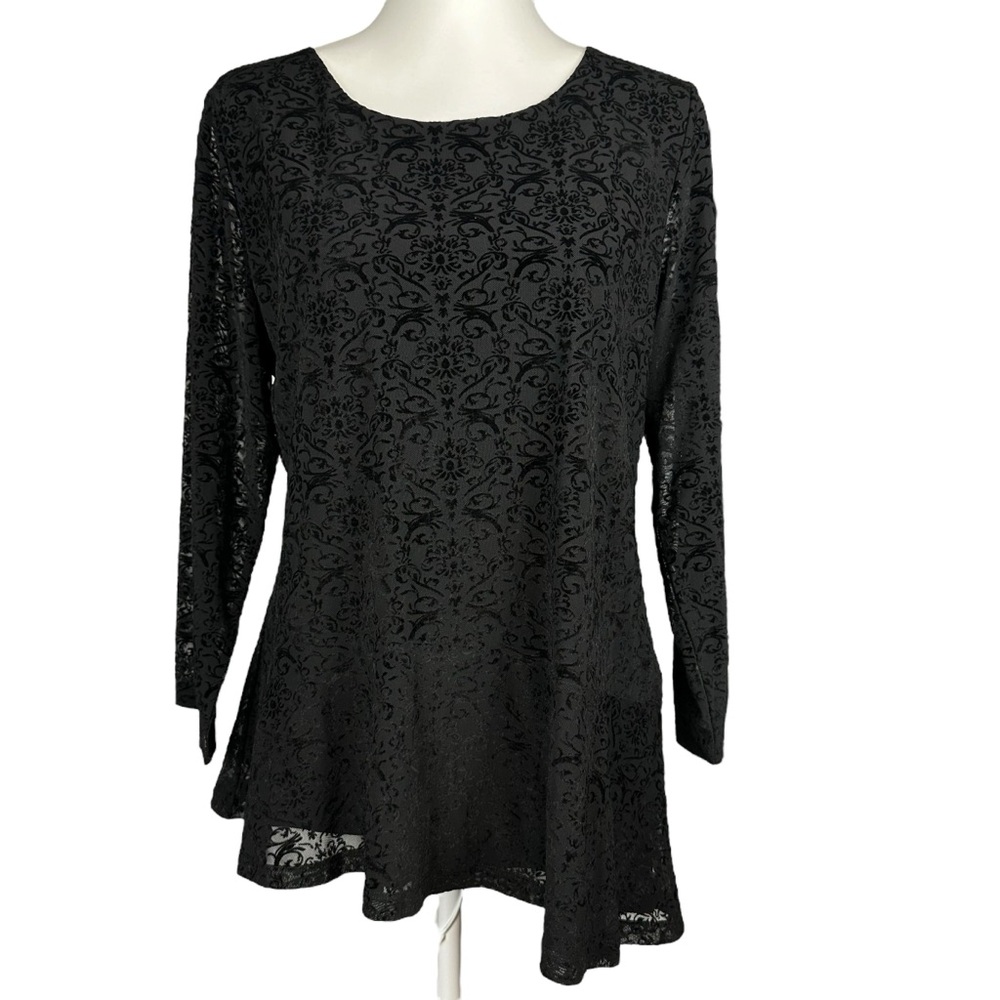 Rafaella Size Large Northern Retreat Laced Asymmetrical Blouse Black 3/4 Sleeve